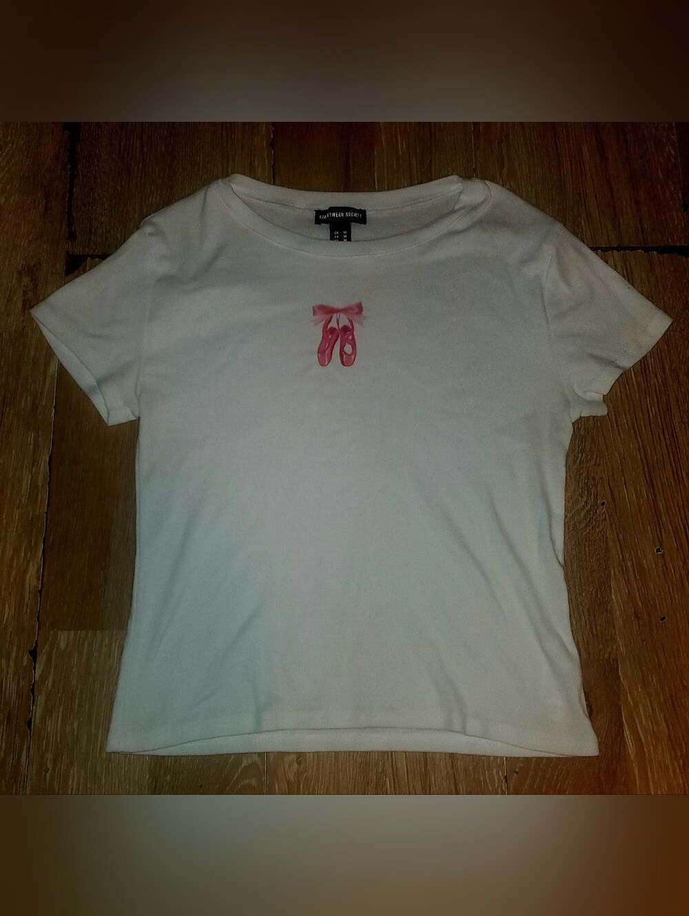 Streetwear Society White Tee with Pink Ballet Shoe Graphic- Womens